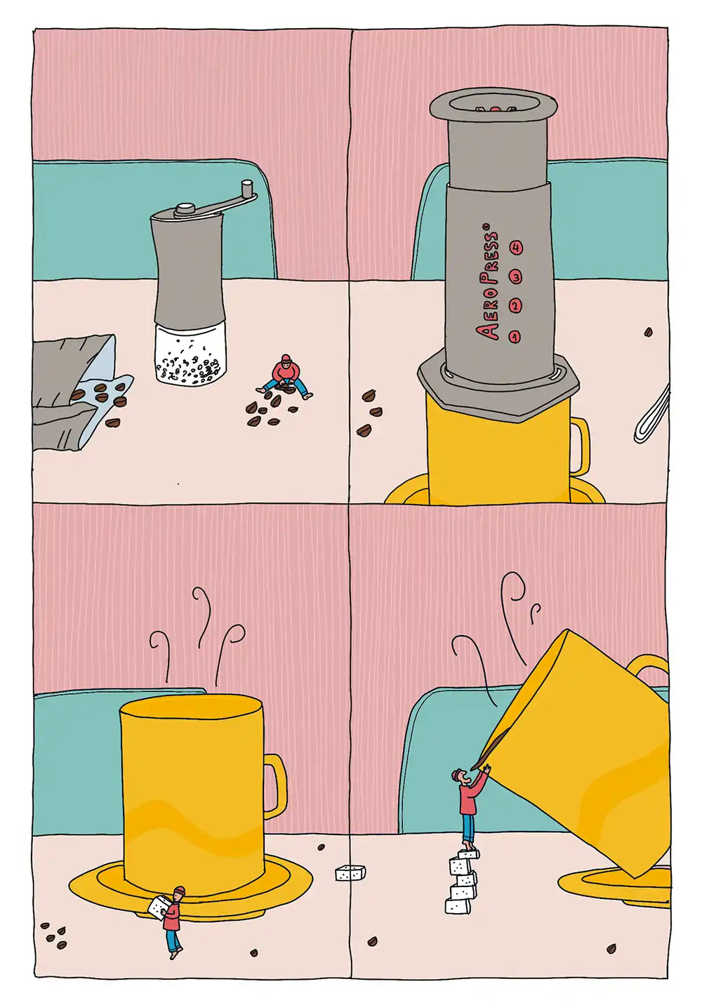 Aeropress coffee comic illustration by Fasu