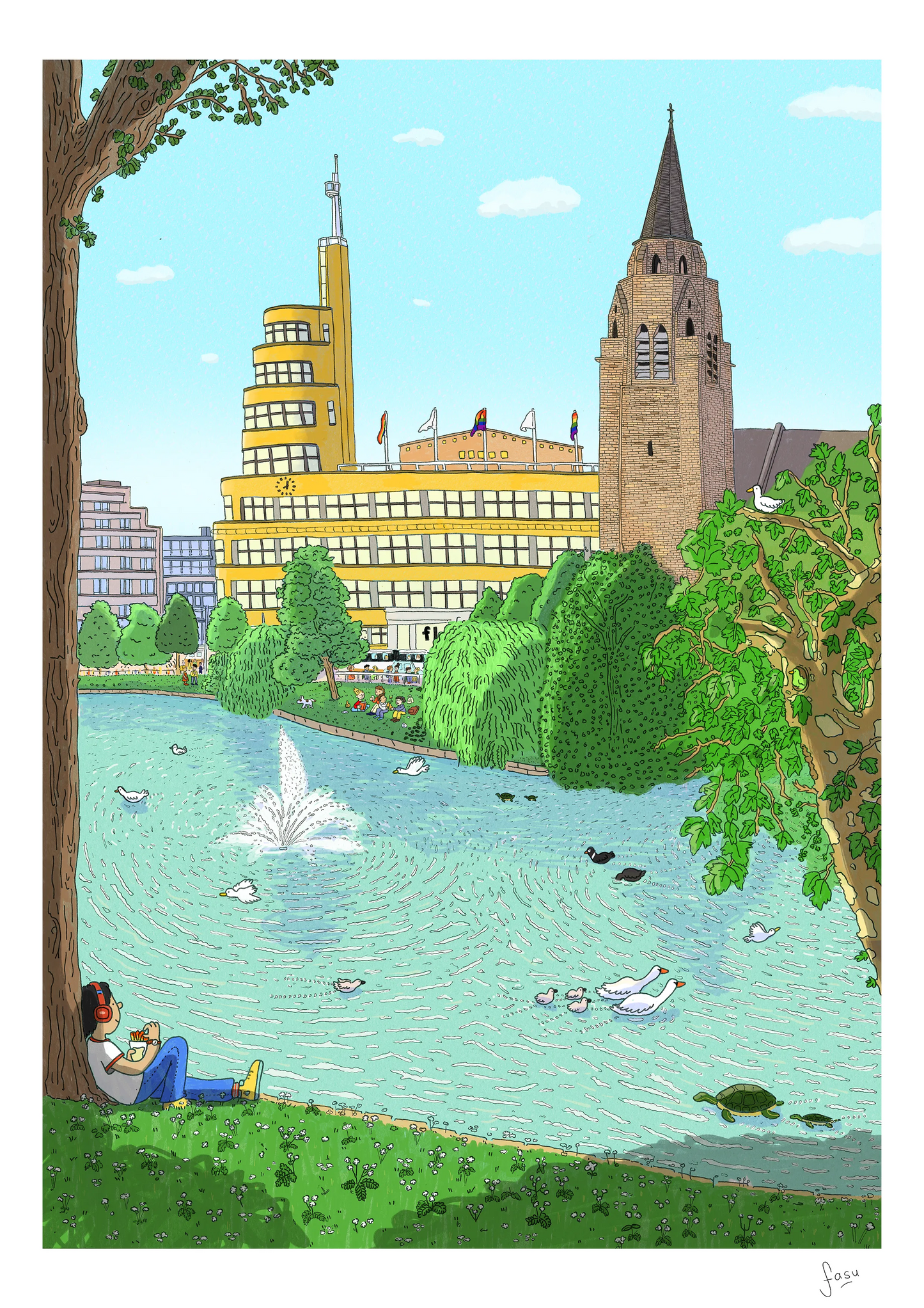 Etangs d'Ixelles Brussels illustration by Fasu