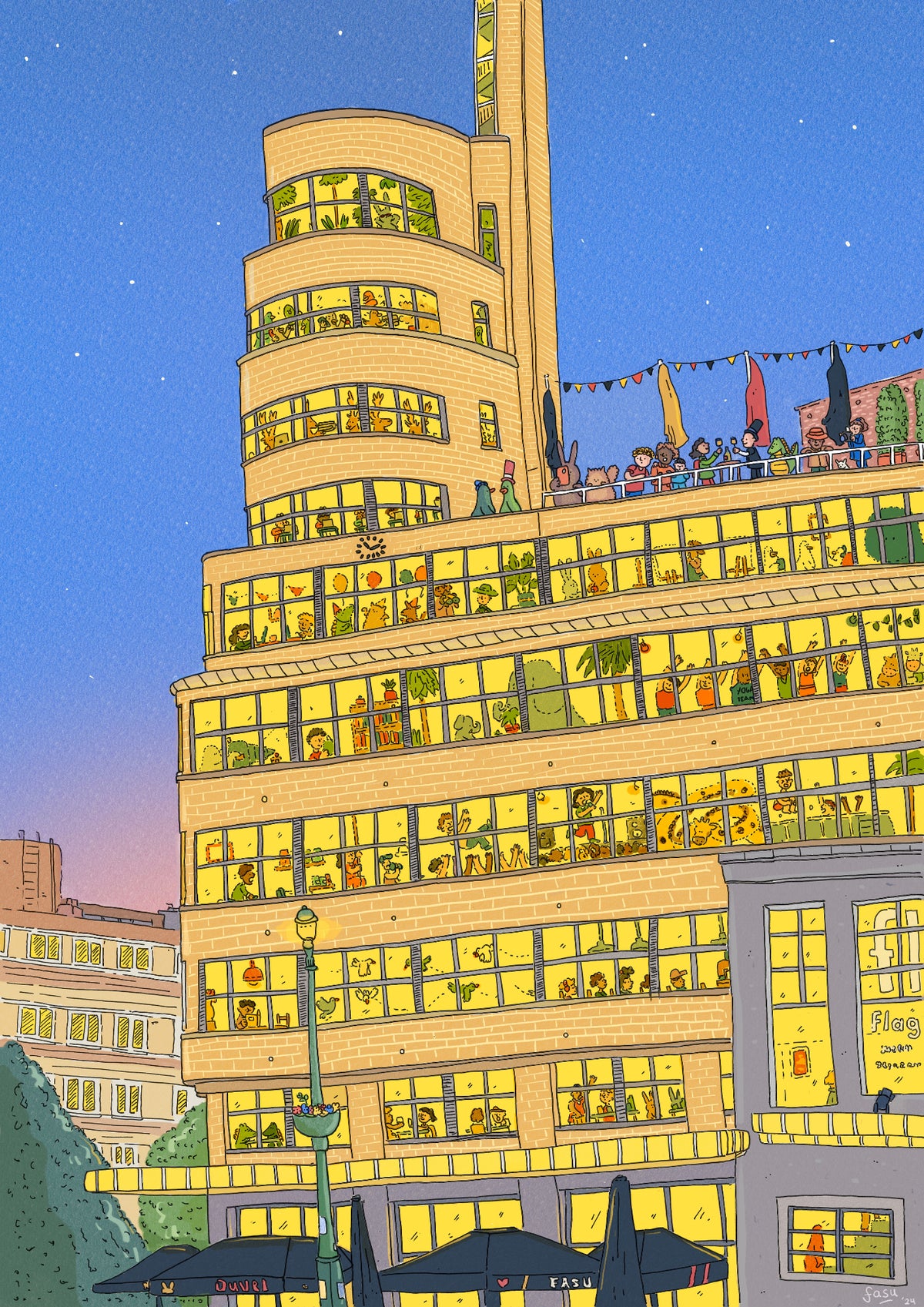 Flagey building Brussels illustration by Fasu