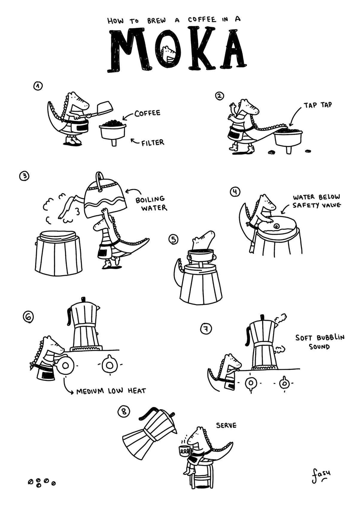 How to brew coffee in a moka pot illustration by Fasu