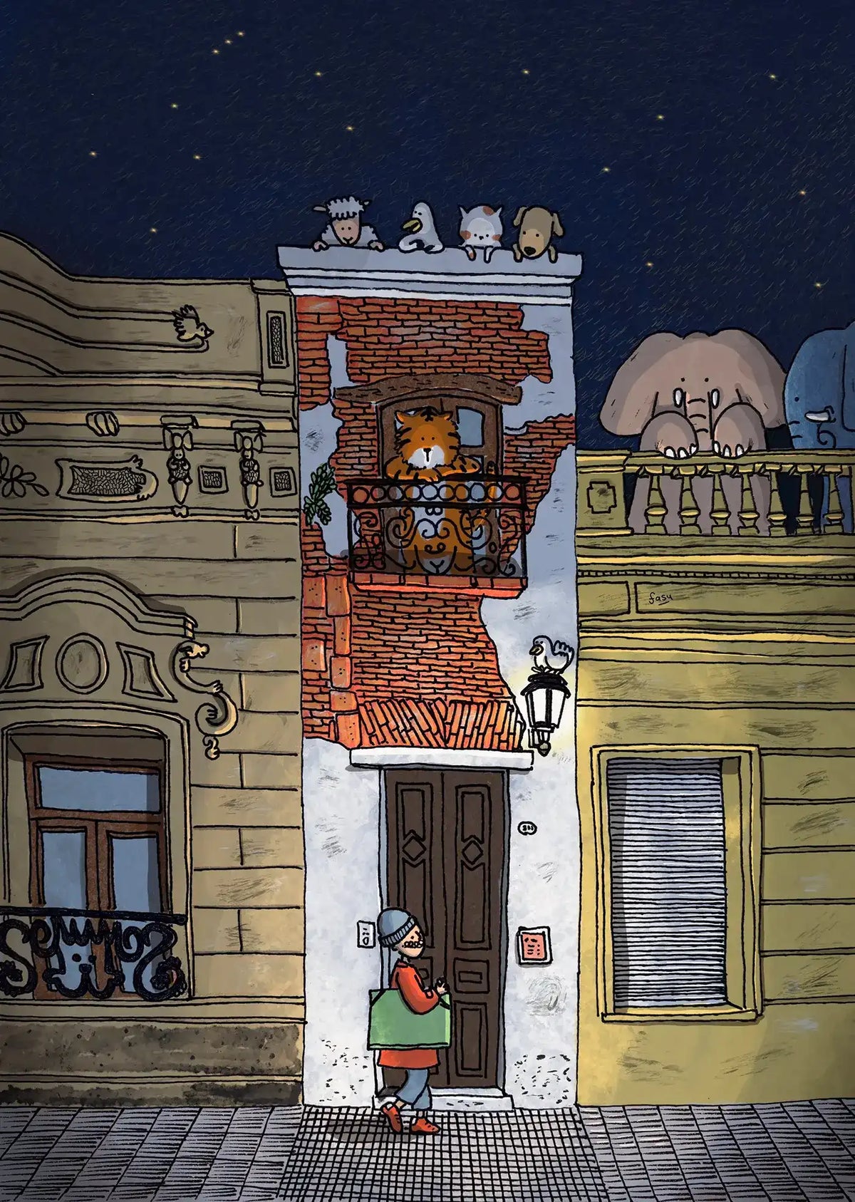 Night building with animals personal illustration by Fasu