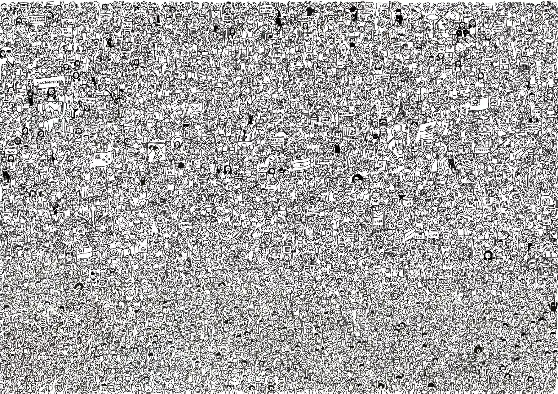 Detailed black and white crowd line art illustration by Fasu