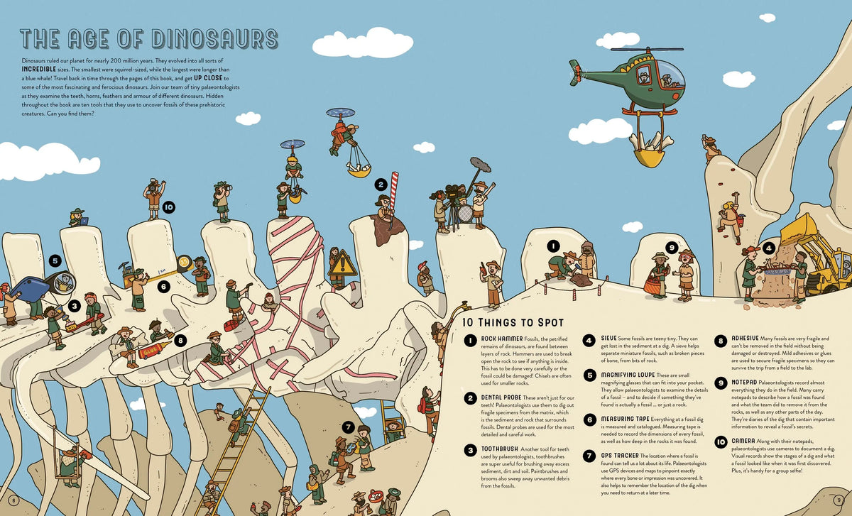 Up Close and Incredible Dinosaurs book illustration spread by Fasu