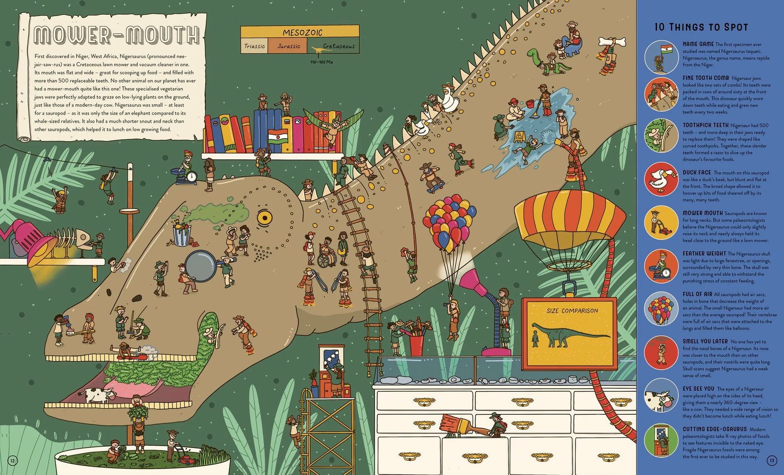 Up Close and Incredible Dinosaurs book illustration spread by Fasu